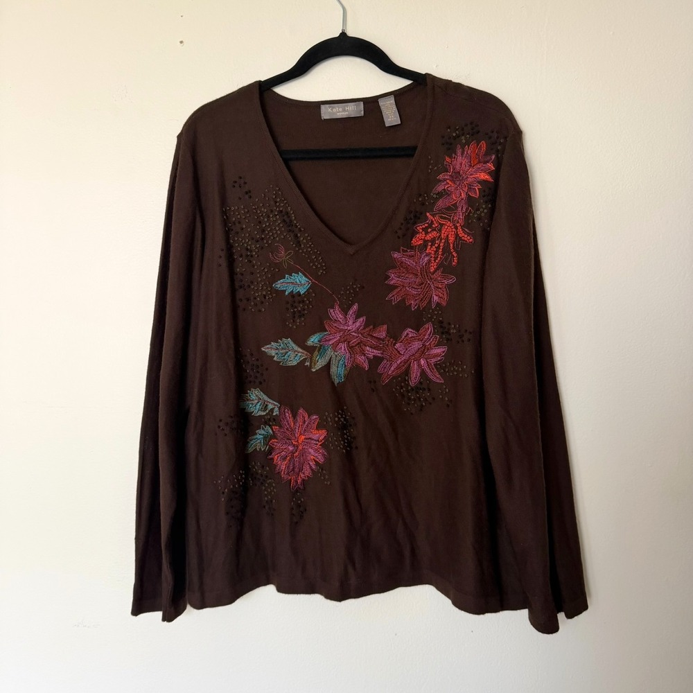 Kate Hill Women's Sweater 2X Brown Embroidered  Floral Merino Blend
